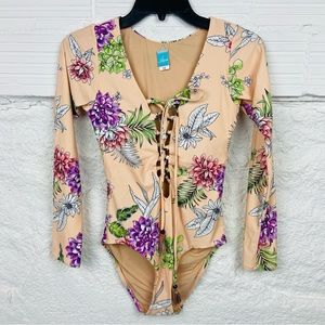 NWOT LETARTE floral peach lace up front long sleeve one piece swimsuit size XS